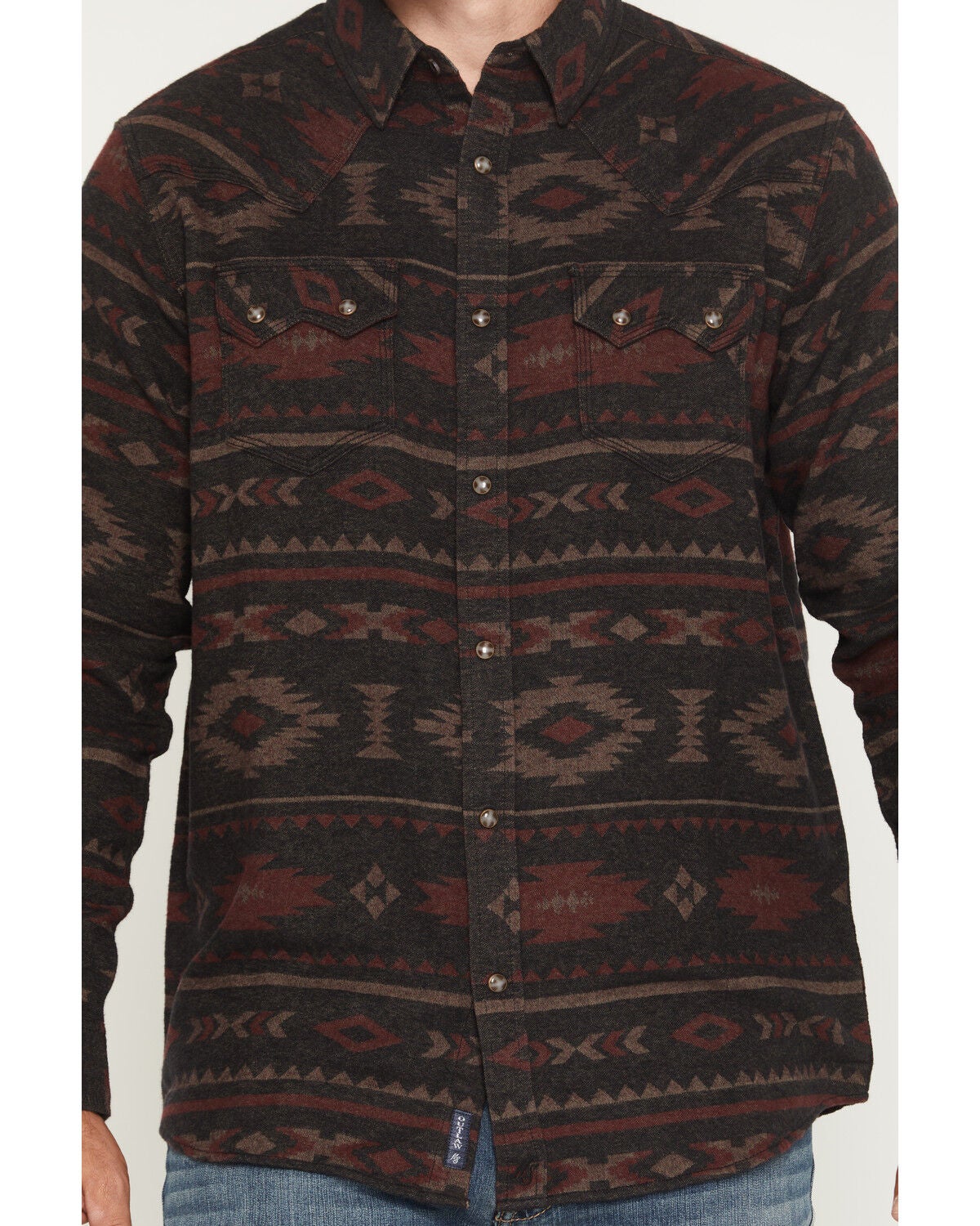 Image #3 - Moonshine Spirit&reg; Men's Antler Southwestern Print Long Sleeve Snap Flannel Shirt, Burgundy, hi-res