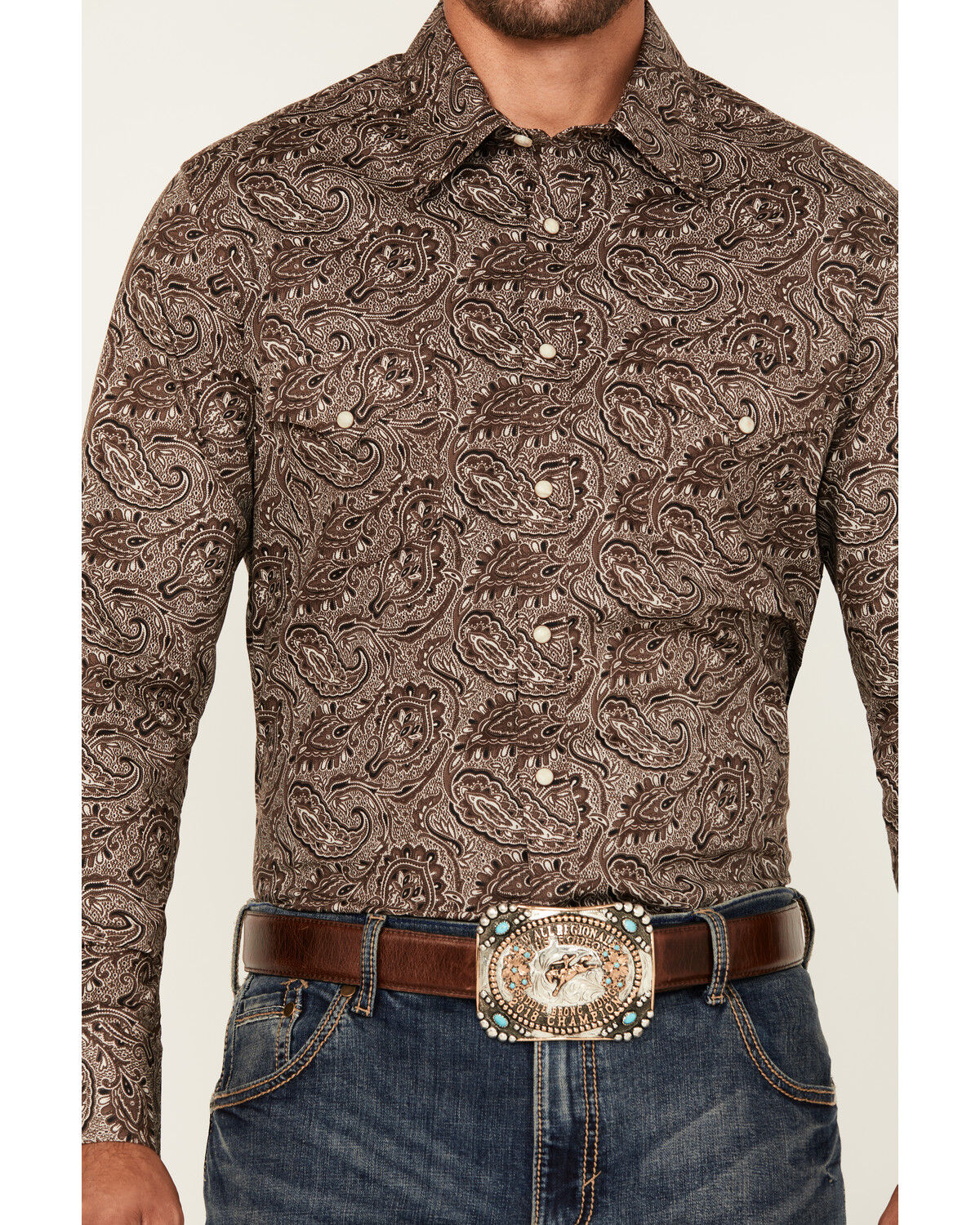 Image #3 - Rock & Roll Denim Men's Paisley Print Long Sleeve Snap Stretch Western Shirt, Brown, hi-res