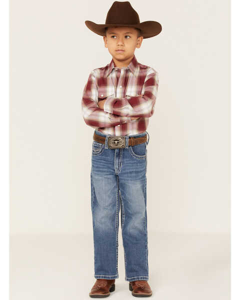 Image #2 - Roper Boys' Amarillo Plaid Print Long Sleeve Western Pearl Snap Shirt, Red, hi-res