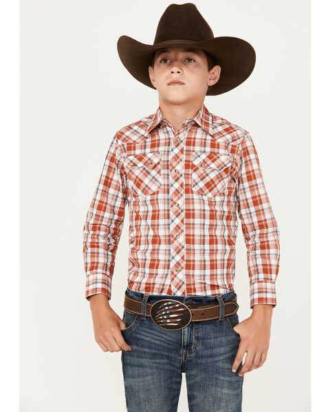 Wrangler Retro Boys' Plaid Print Long Sleeve Snap Western Shirt, Red, hi-res