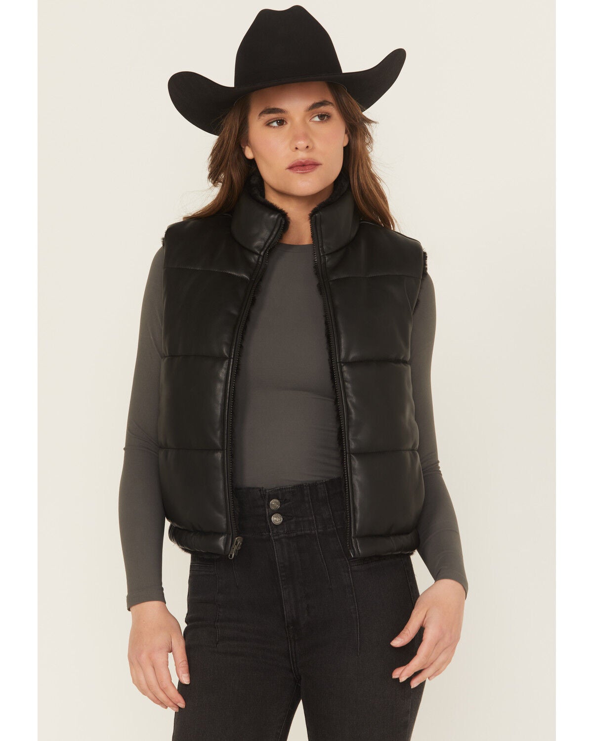 Ariat Women's Echo Faux Leather Reversible Puffer Vest, Black, hi-res