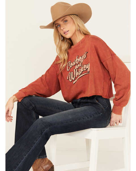 Rock & Roll Denim Women's Cowboys and Whiskey Pullover Sweatshirt , Red, hi-res
