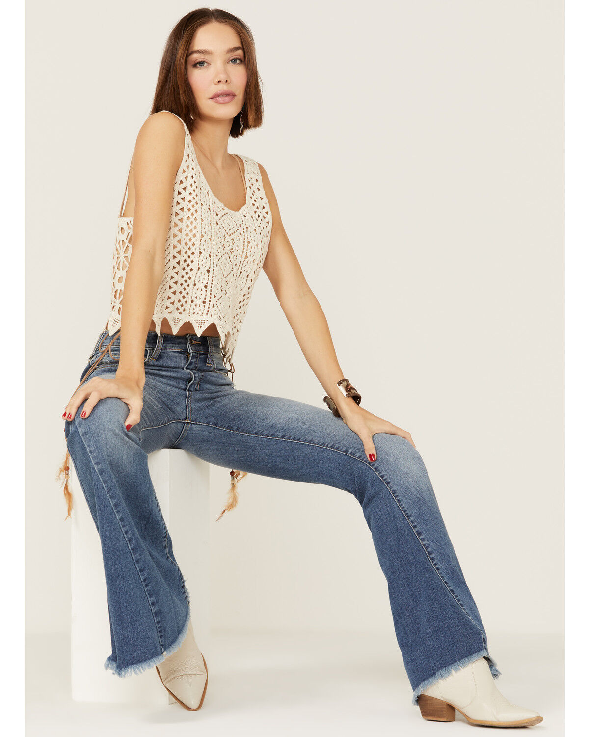 Image #1 - Saints & Hearts Women's Natural Crochet Side Feather & Beads Tank Top, , hi-res