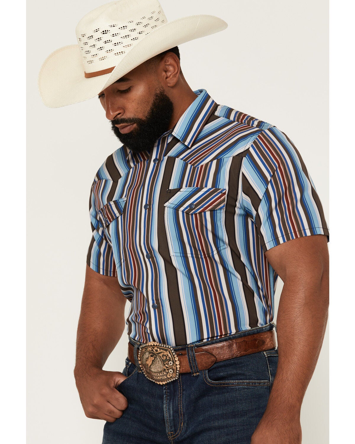 Image #2 - RANK 45&reg; Men's Rodeo Tech 2.0 Striped Print Short Sleeve Stretch Performance Shirt, Blue, hi-res