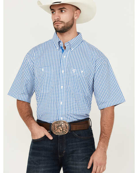 George Strait by Wrangler Men's Plaid Print Short Sleeve Button-Down Stretch Western Shirt - Big , Blue, hi-res