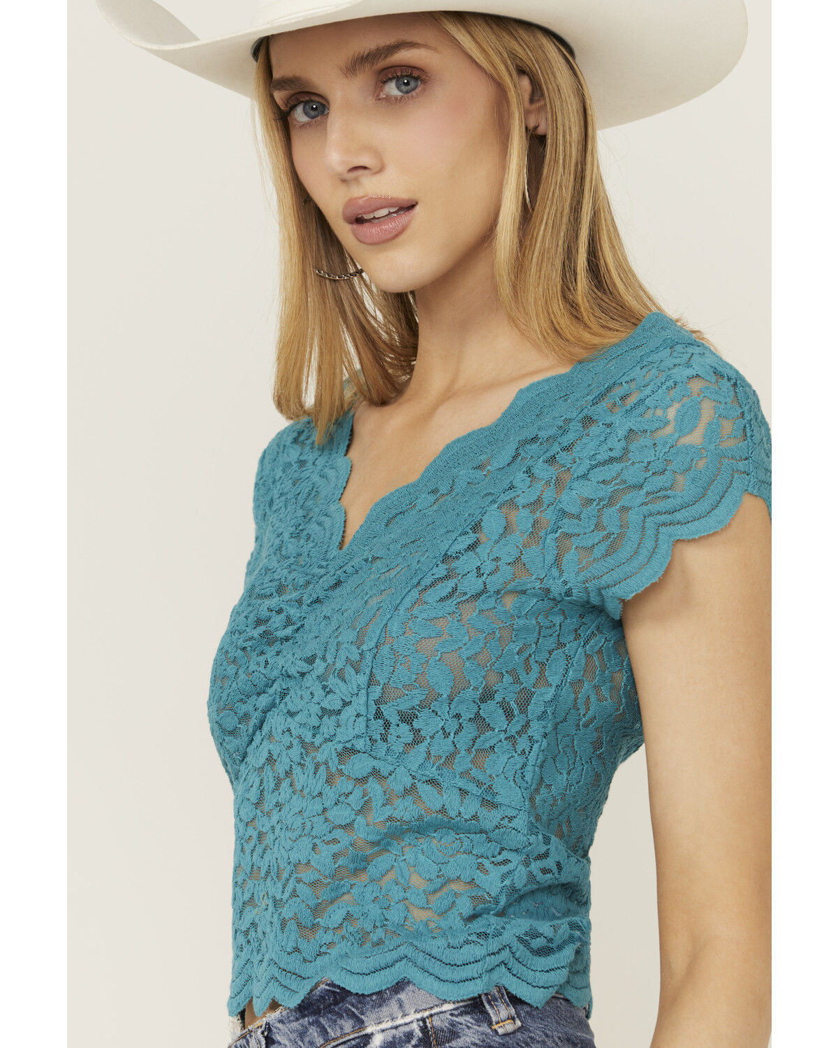 Image #2 - Shyanne Women's Flutter Sleeve Lace Crop Top, Medium Blue, hi-res