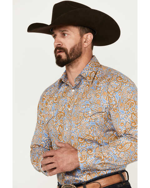 Image #2 - Rough Stock by Panhandle Men's Floral Paisley Print Long Sleeve Pearl Snap Stretch Western Shirt, Blue, hi-res