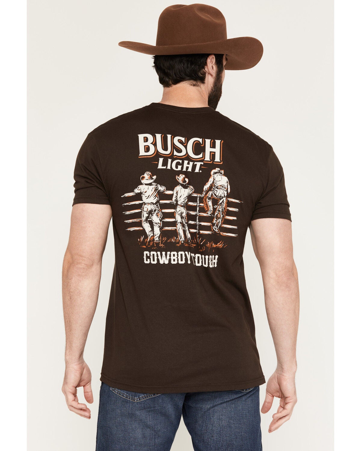 Image #1 - Jedco Men's Busch Cowboy Tough Short Sleeve Graphic T-Shirt, Dark Brown, hi-res