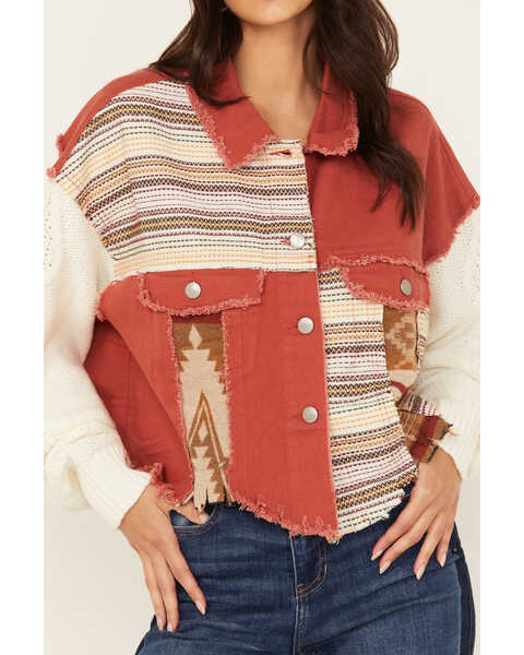 Image #3 - Miss Me Women's Striped Color Block Cropped Shacket , Red, hi-res