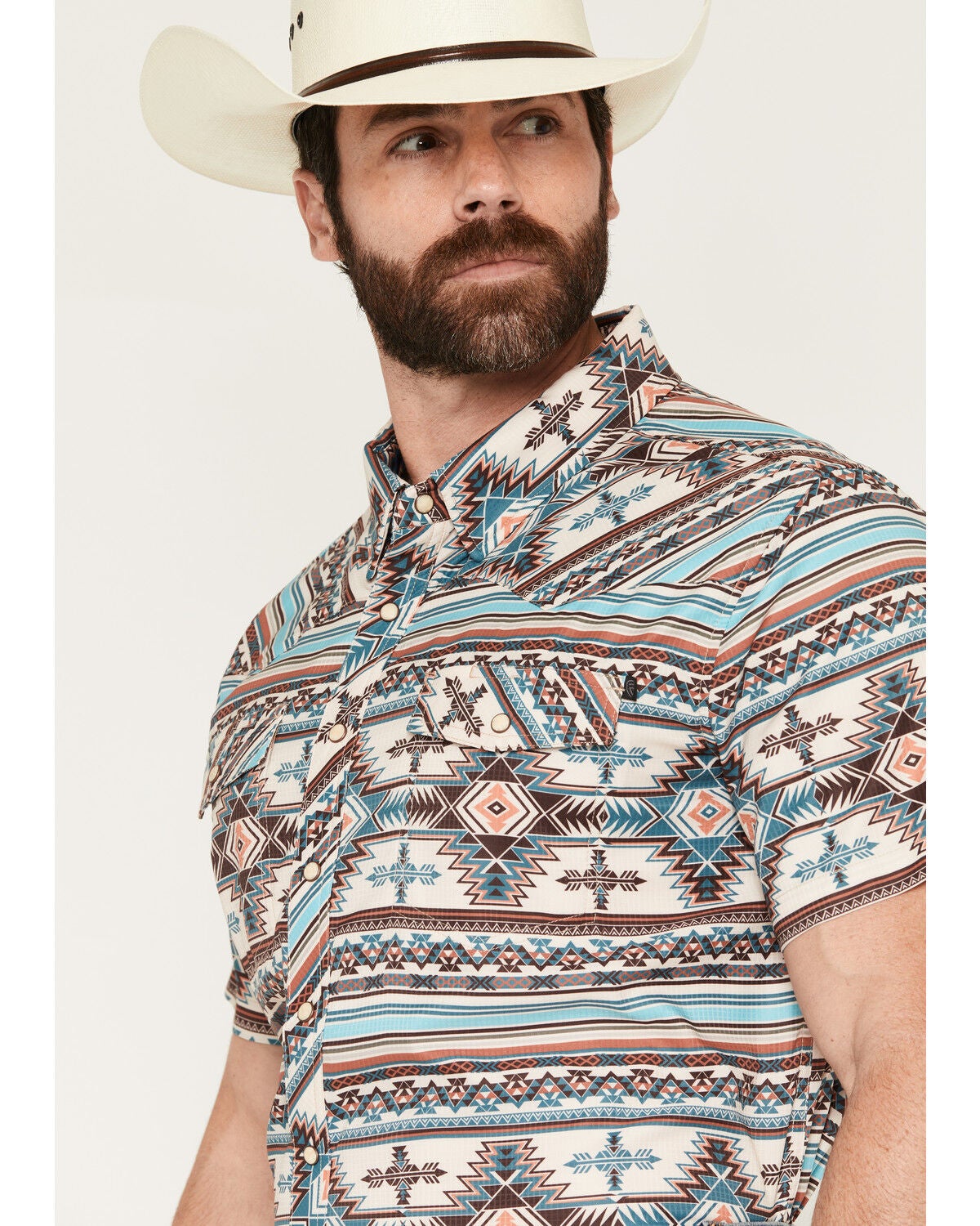 Image #2 - Rock & Roll Denim Men's Tek Southwestern Print Short Sleeve Snap Stretch Western Shirt, Natural, hi-res