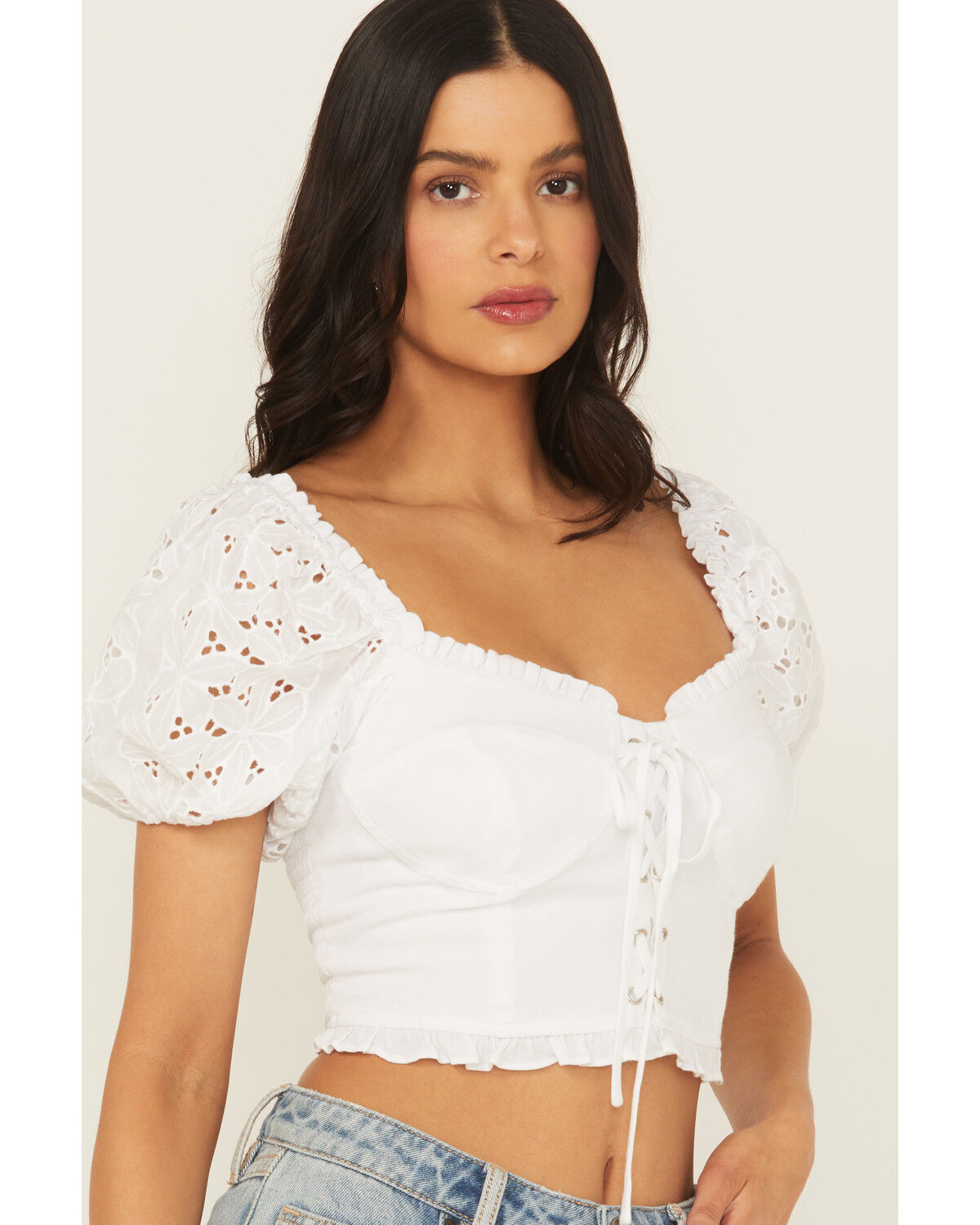 Image #2 - Miss Me Women's Eyelet Sleeve Bustier Top, White, hi-res