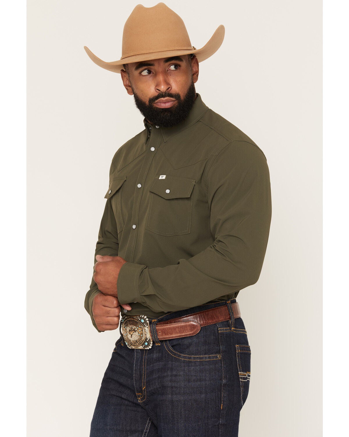 Image #2 - Ferrell Men's Tek Solid Short Sleeve Pearl Snap Stretch Performance Western Shirt, Olive, hi-res