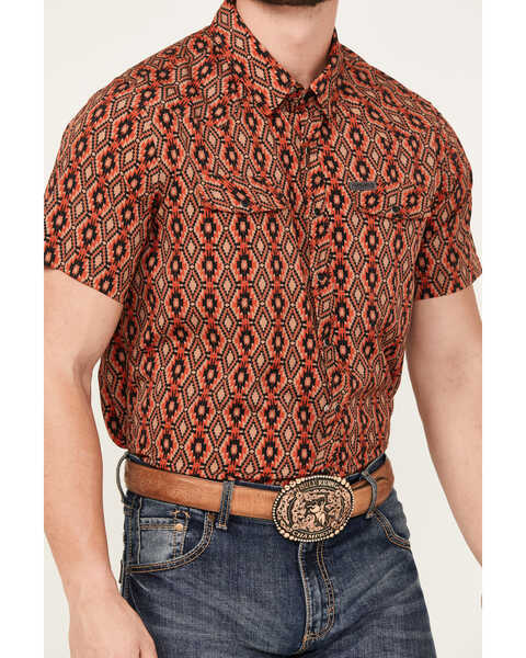Image #3 - Panhandle Men's Southwestern Print Short Sleeve Performance Snap Western Shirt, Red, hi-res