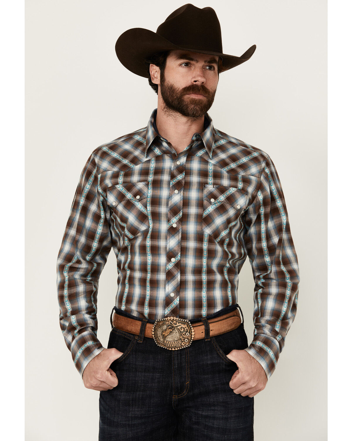 Image #1 - Roper Men's West Made Plaid Print Long Sleeve Snap Western Shirt, Brown, hi-res