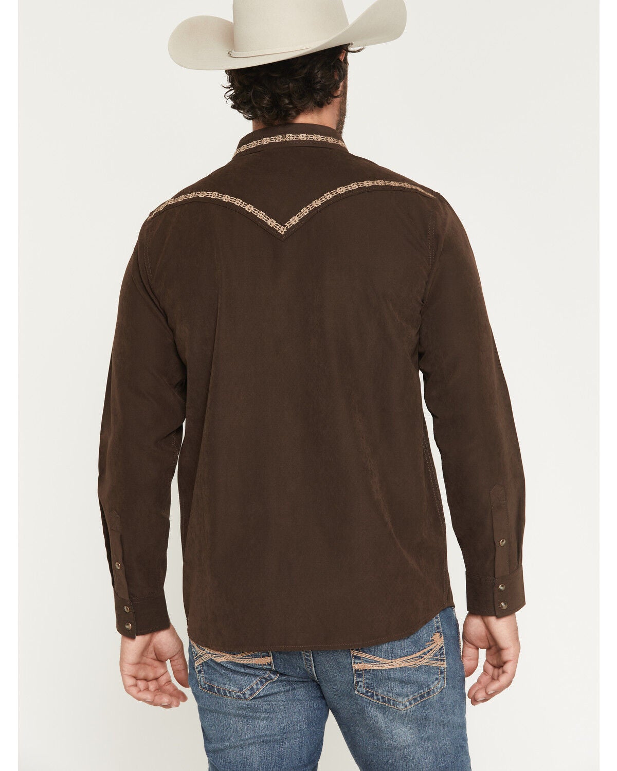 Image #4 - Moonshine Spirit&reg; Men's Front Stage Embroidered Solid Long Sleeve Snap Western Shirt, Dark Brown, hi-res
