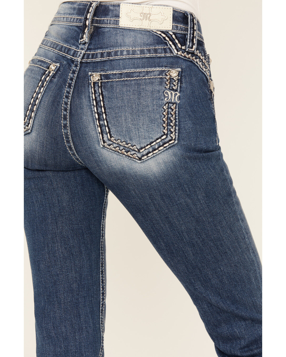 Image #2 - Miss Me Women's Medium Wash Mid Rise Border Stitch Bootcut Stretch Denim Jeans, Medium Wash, hi-res