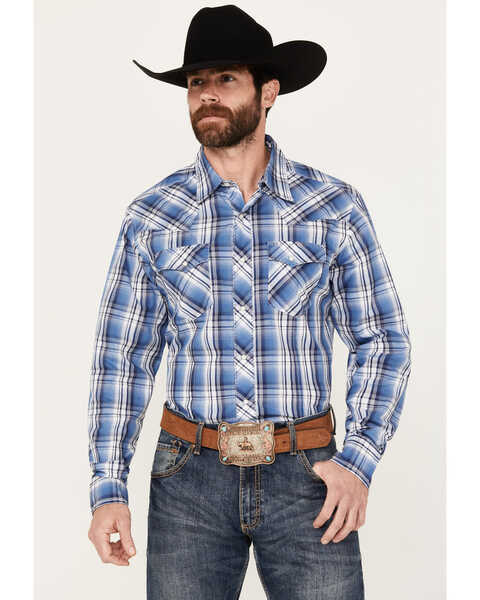 Wrangler Men's Plaid Print Long Sleeve Snap Western Shirt, Navy, hi-res