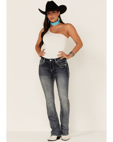 Grace in LA Women's Mid Rise Cowhide Bird Pocket Bootcut Jeans , Blue, hi-res