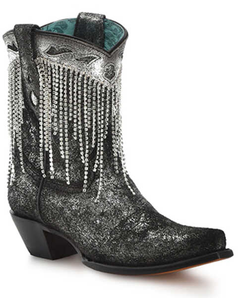 Corral Women's Overlay Crystal Fringe Booties - Snip Toe , Silver, hi-res