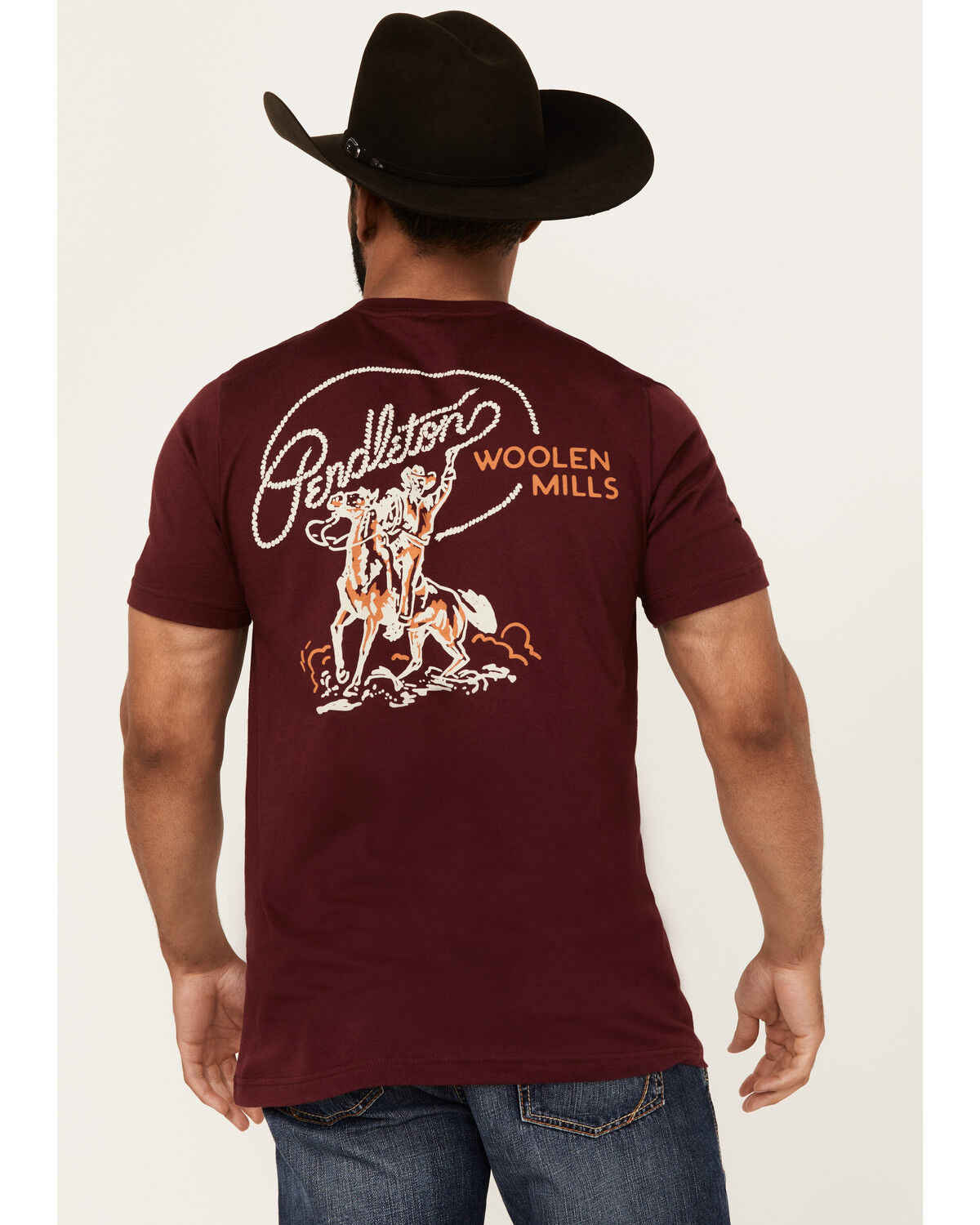 Image #1 - Pendleton Men's Boot Barn Exclusive Rancher Short Sleeve Graphic T-Shirt, Burgundy, hi-res