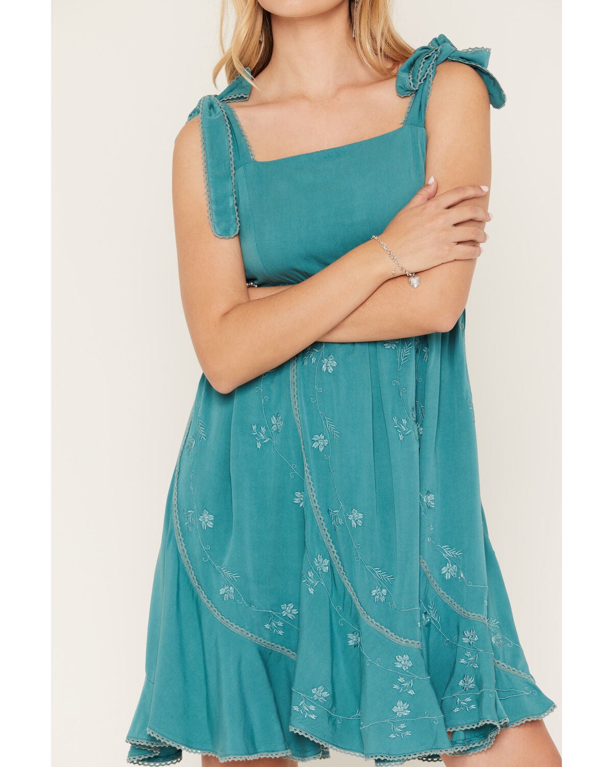 Image #3 - Wild Moss Women's Tie Strap Embroidered Mini Dress, Teal, hi-res