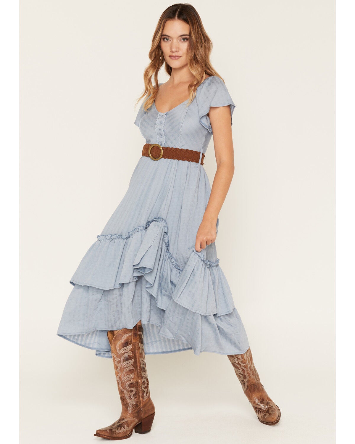 Rosabelle Honey Women's Belted Tiered High-Low Midi Dress, Blue, hi-res
