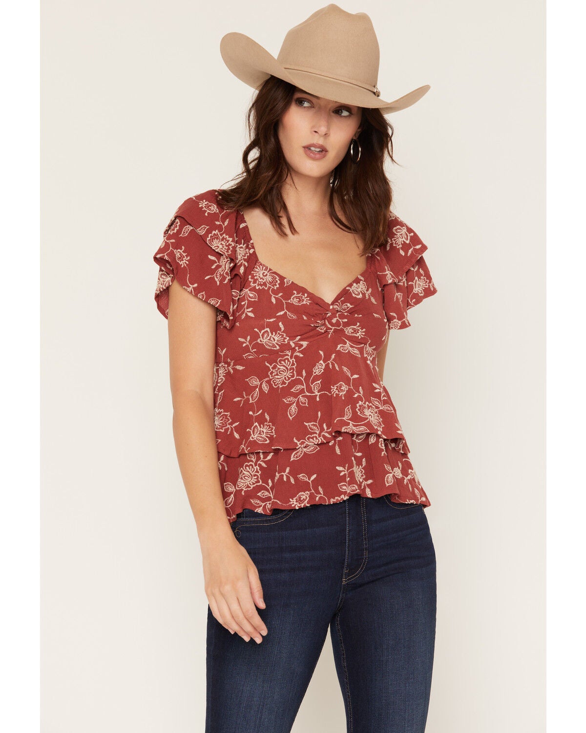 Image #1 - Originality Women's Boot Barn Exclusive Floral Embroidered Tiered Tie Back Top, Rose, hi-res