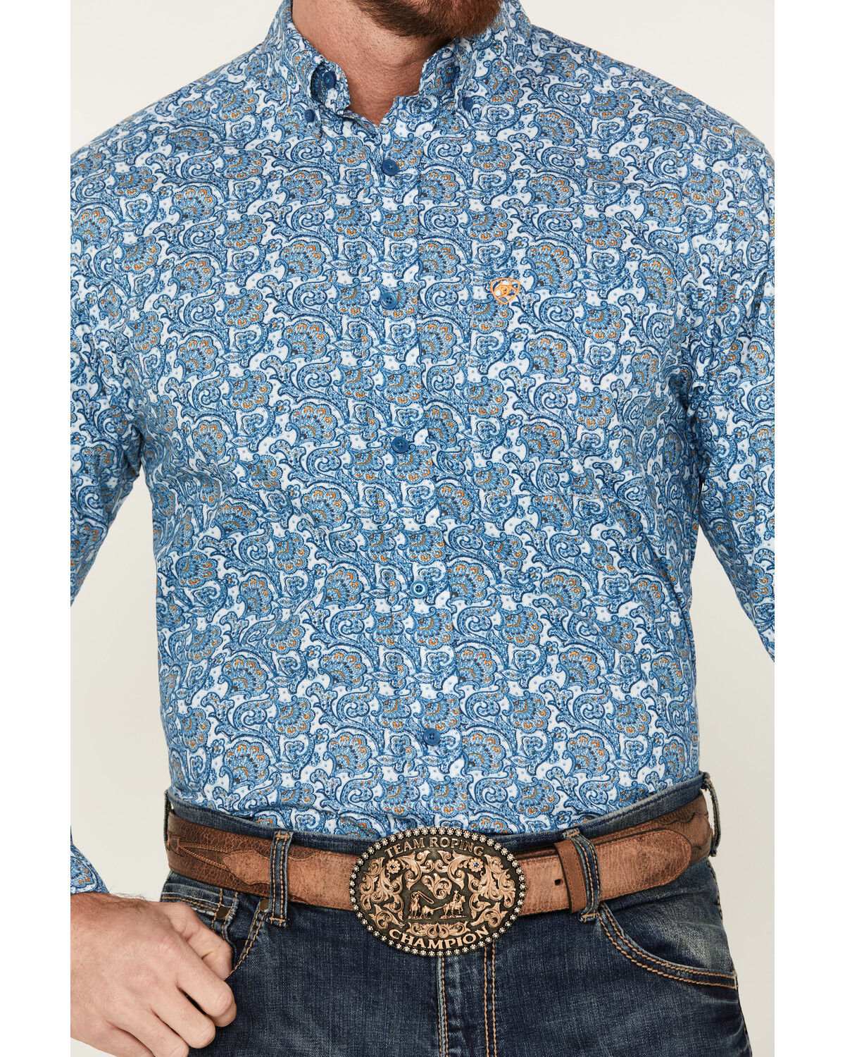 Image #3 - Ariat Men's Gentry Paisley Print Long Sleeve Button-Down Western Shirt, Blue, hi-res