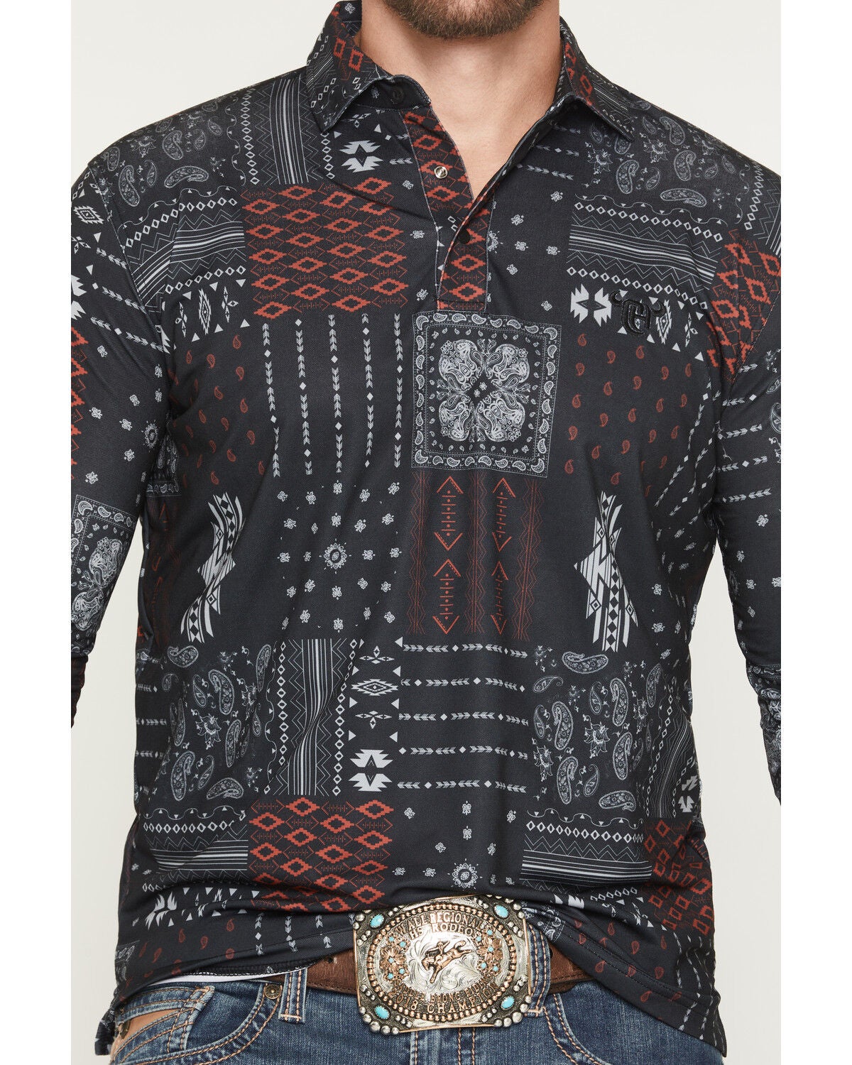 Image #3 - Cowboy Hardware Men's Southwestern Bandana Print Long Sleeve Snap Stretch Polo Shirt, Black, hi-res