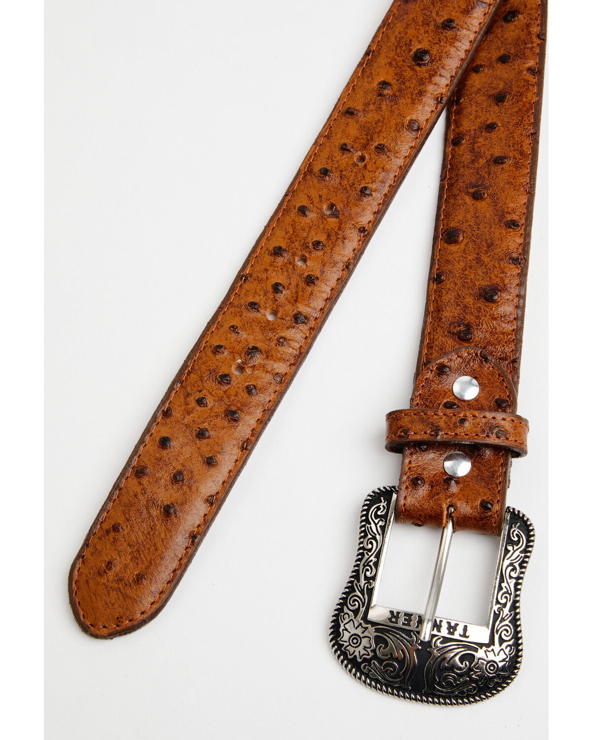 Image #2 - Tanner Mark Men's Broken Arrow Ostrich Print Leather Belt, Cognac, hi-res