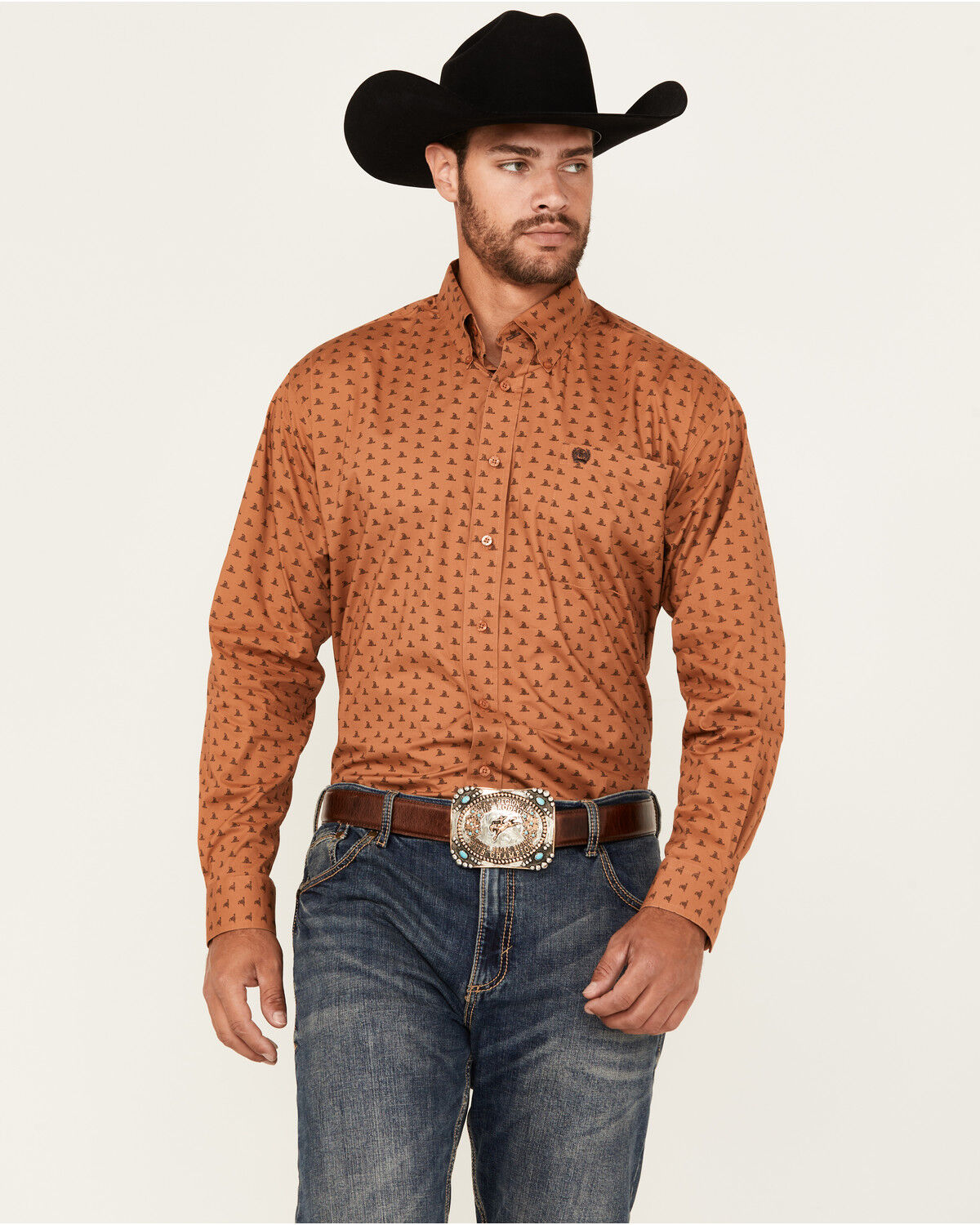 Image #1 - Cinch Men's Mini Snake Print Long Sleeve Button-Down Western Shirt, Orange, hi-res