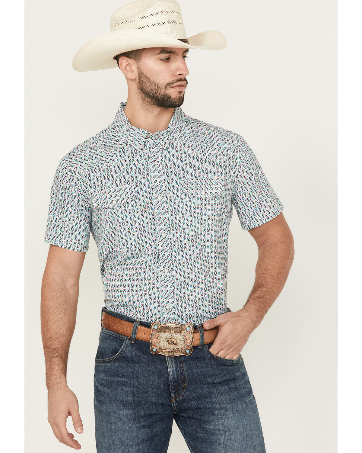 Image #1 - Panhandle Men's Geo Print Short Sleeve Snap Performance Western Shirt, Aqua, hi-res