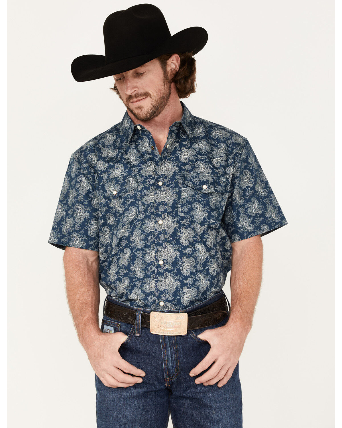 Image #1 - Cody James Men's Showcase Paisley Print Pearl Snap Western Shirt, Navy, hi-res