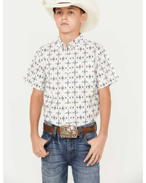 Ariat Boys' Otto Print Classic Fit Short Sleeve Button Down Western Shirt, White, hi-res