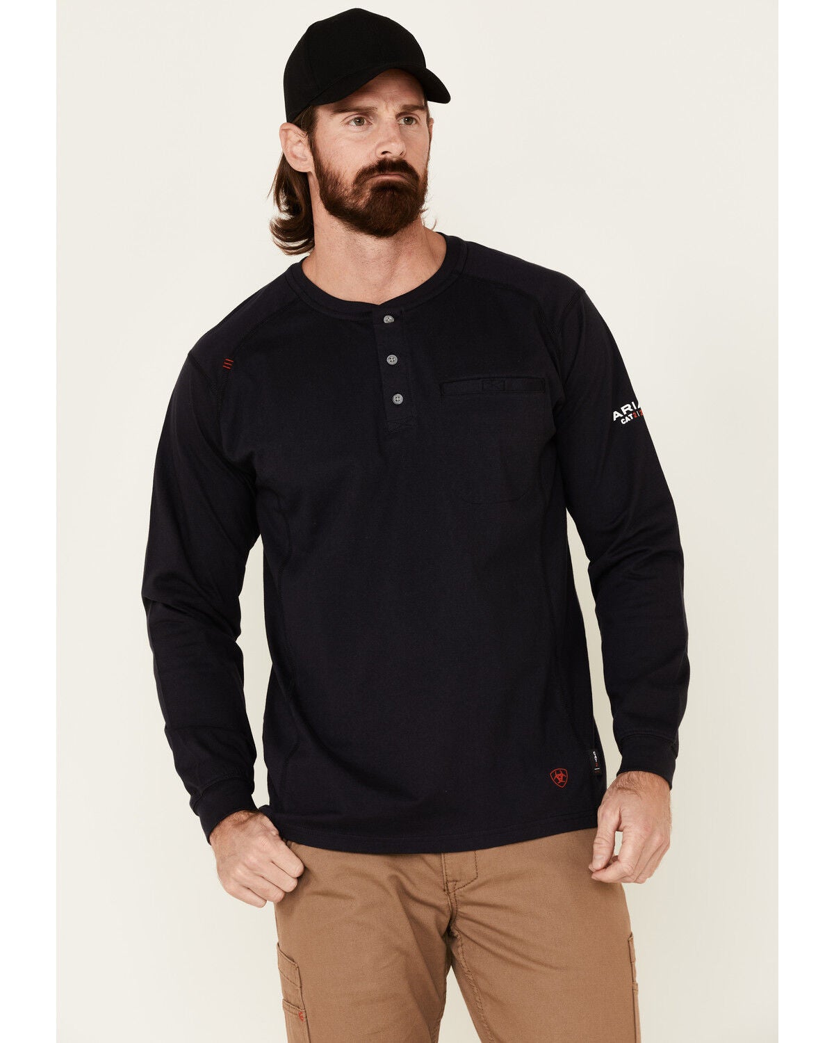 Image #1 - Ariat Men's FR Air Henley Long Sleeve Work Shirt, Navy, hi-res