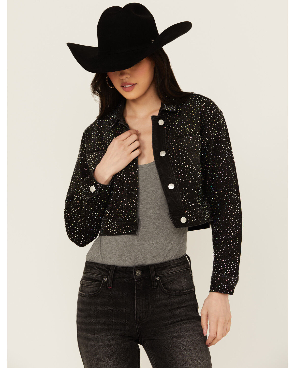 Image #2 - Vibrant Denim Women's Rhinestone Cropped Denim Jacket, Black, hi-res