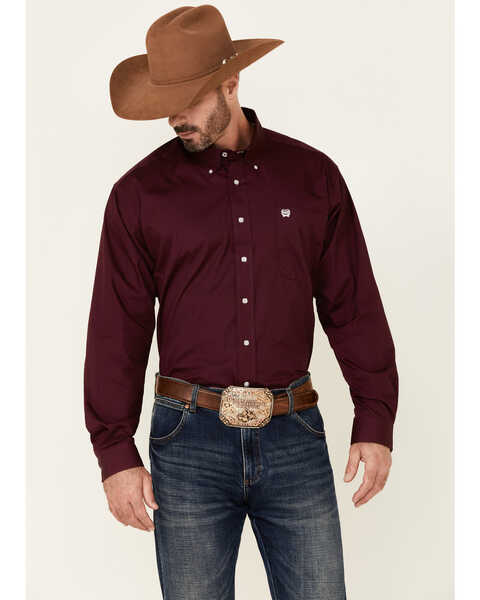 Image #1 - C‌inch Men's Solid Burgundy Button Long Sleeve Western Shirt, Burgundy, hi-res