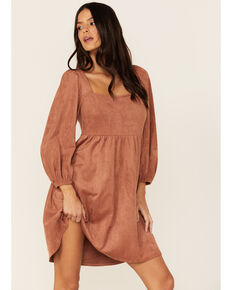 Flying Tomato Women's Brown Faux Suede Babydoll Long Sleeve Dress, Brown, hi-res