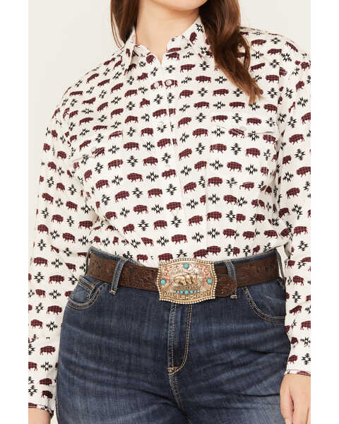Image #3 - Rock & Roll Denim Women's Southwestern Buffalo Print Western Pearl Snap Shirt, Natural, hi-res