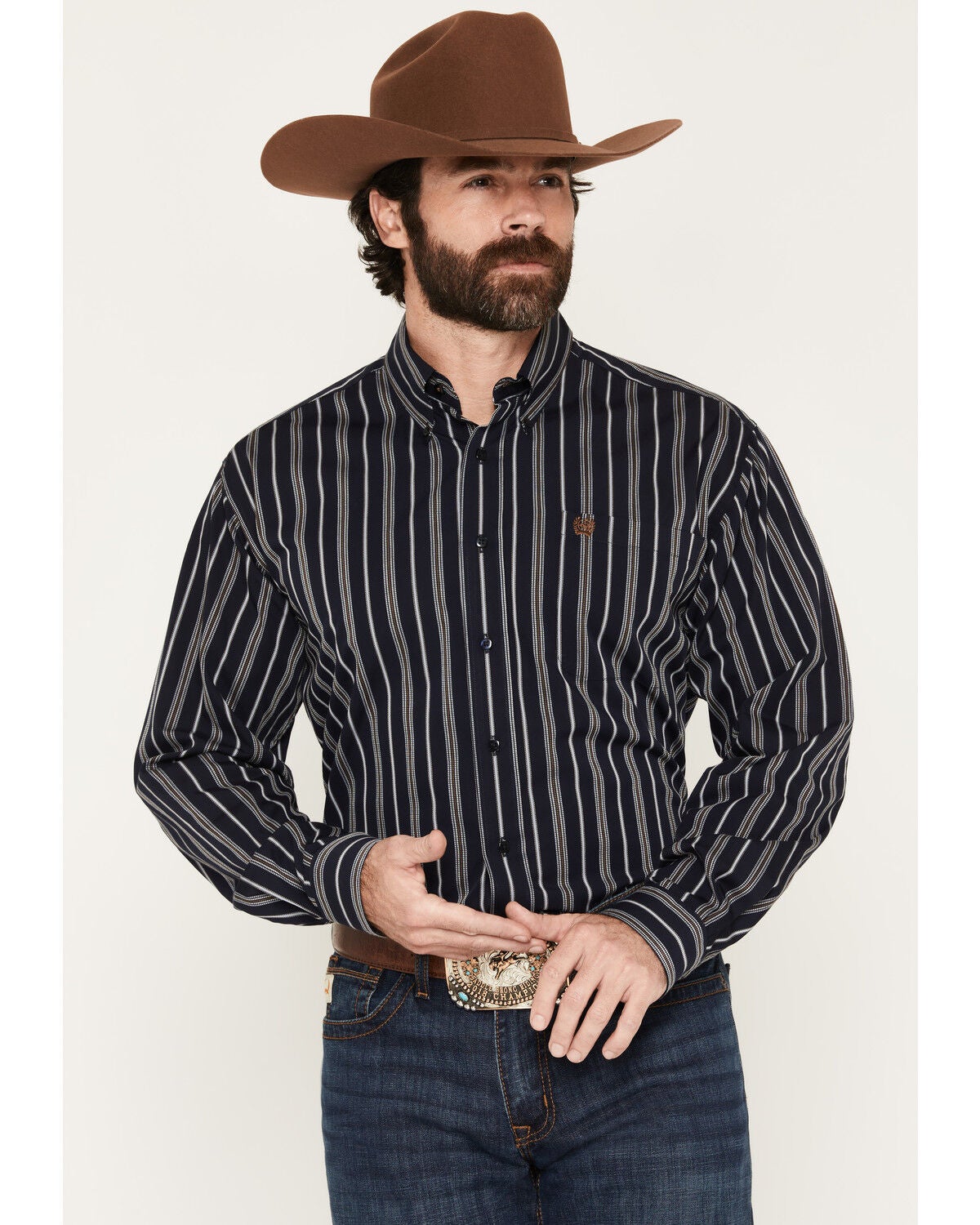 Cinch Men's Dobby Striped Print Long Sleeve Button-Down Western Shirt, Navy, hi-res