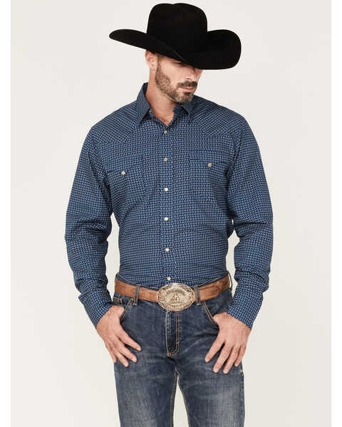 Roper Men's West Made Geo Print Long Sleeve Snap Western Shirt, Blue, hi-res