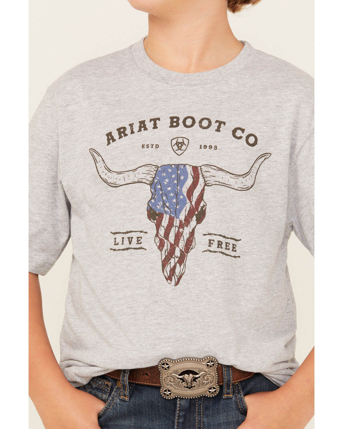 Image #3 - Ariat Boys' Steerhead Americana Short Sleeve Graphic T-Shirt, Grey, hi-res