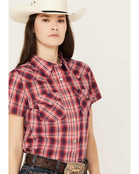Image #2 - Wrangler Women's Plaid Print Short Sleeve Pearl Snap Western Shirt, Red, hi-res
