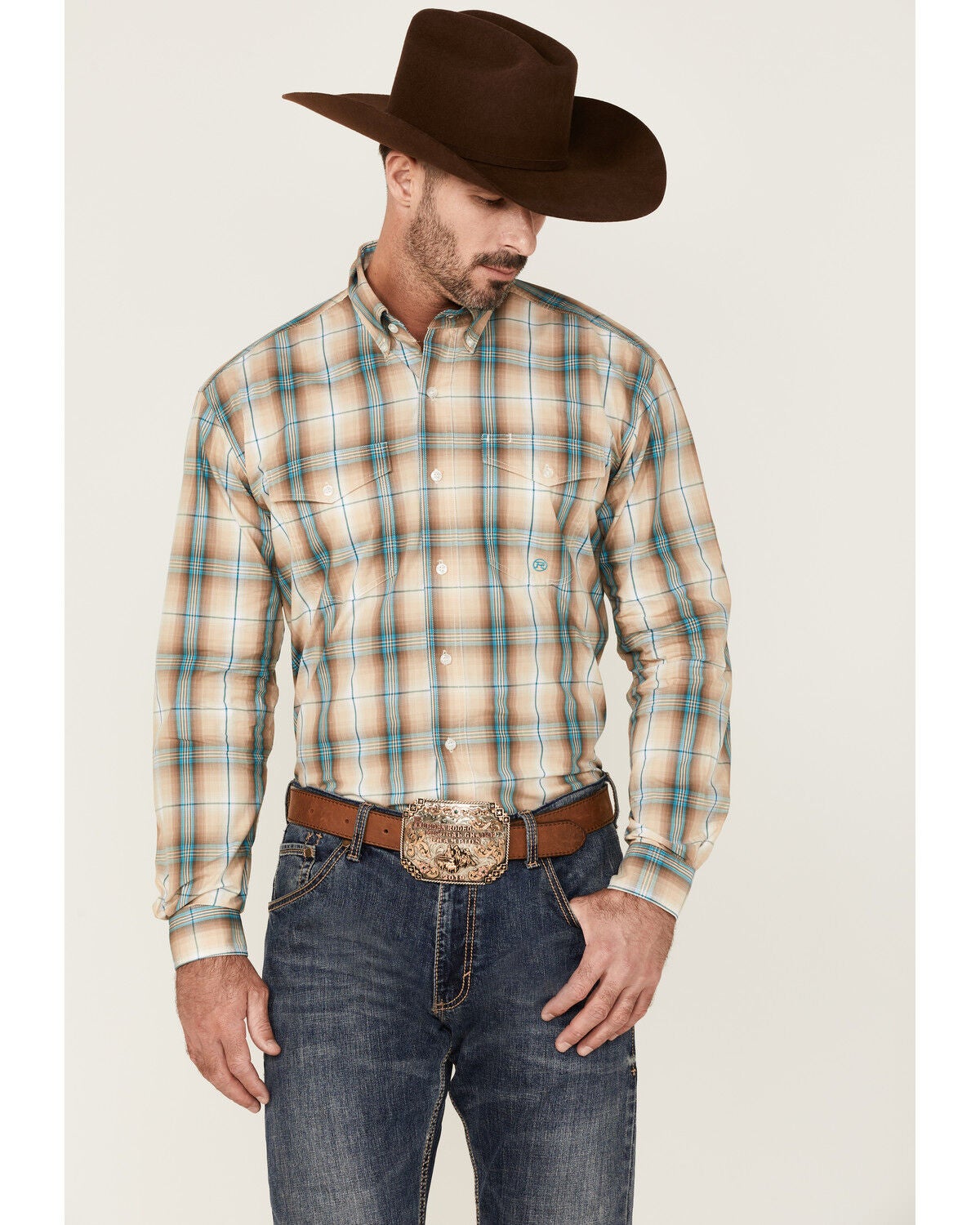 Roper Men's Saddle Large Plaid Print Long Sleeve Button Down Western Shirt, Tan, hi-res