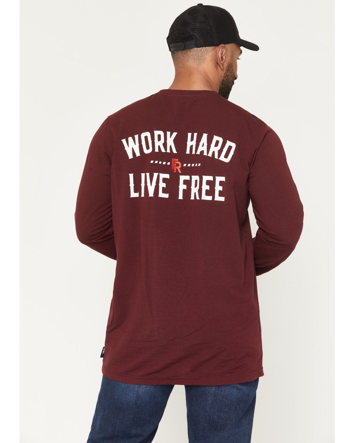 Ariat Men's Boot Barn Exclusive FR Work Hard Live Free Long Sleeve Work T-Shirt, Burgundy, hi-res