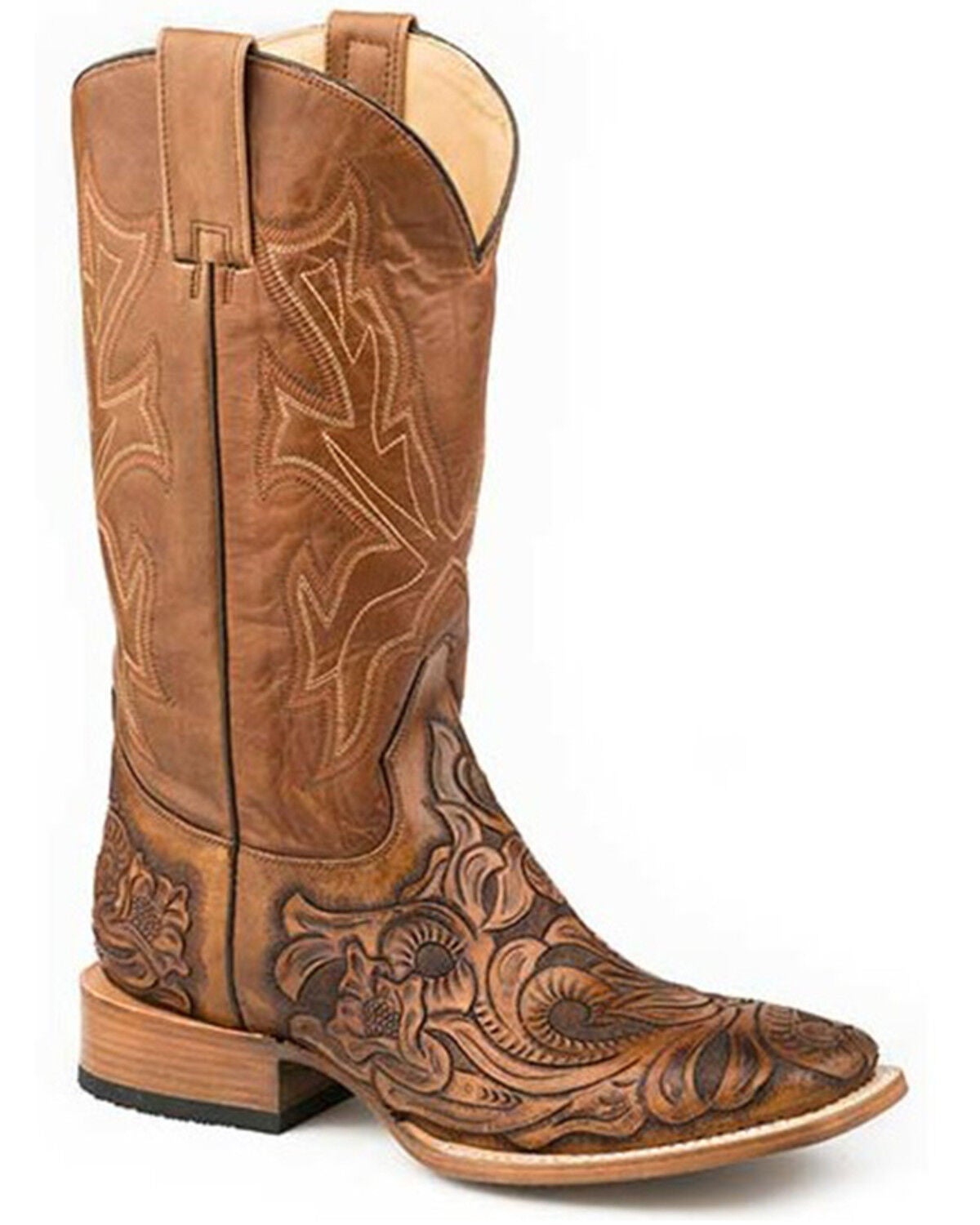 Stetson Men's Handtooled Wicks Western Boots - Broad Square Toe, Tan, hi-res