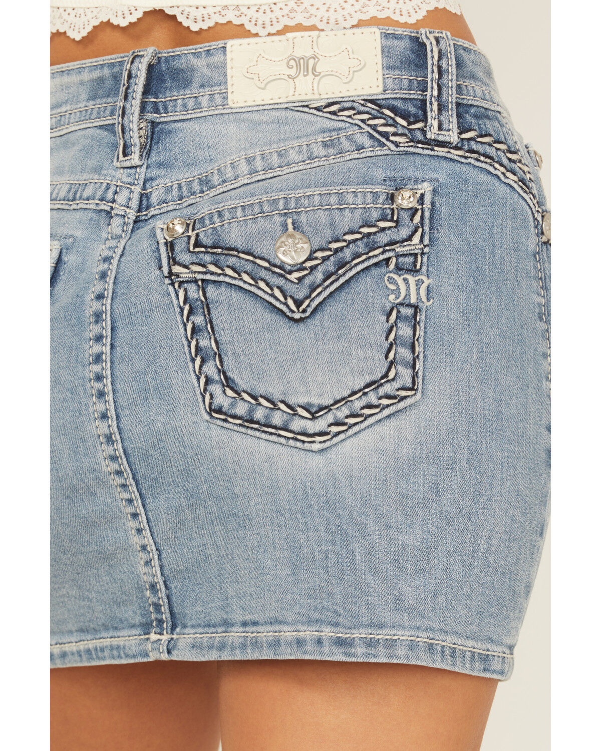 Image #2 - Miss Me Women's Light Wash Mid Rise Embroidered Denim Stretch Mini Skirt, Light Wash, hi-res