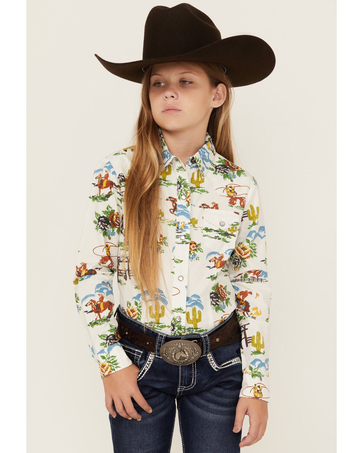 Cruel Girl Girls' Printed Long Sleeve Rhinestone Snap Western Shirt, Cream, hi-res