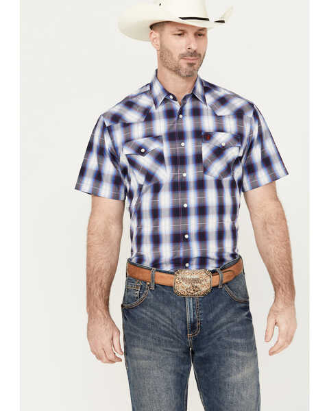 Rodeo Clothing Men's Plaid Print Short Sleeve Western Snap Shirt, Blue, hi-res