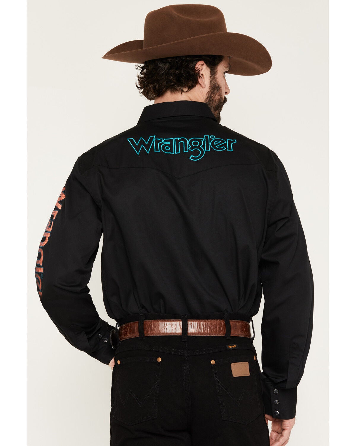 Image #4 - Wrangler Men's Western Solid Logo Long Sleeve Snap Western Shirt, Black, hi-res